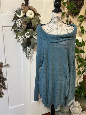 Free People Teal Blue Off-Shoulder Cowl Knit Sweater